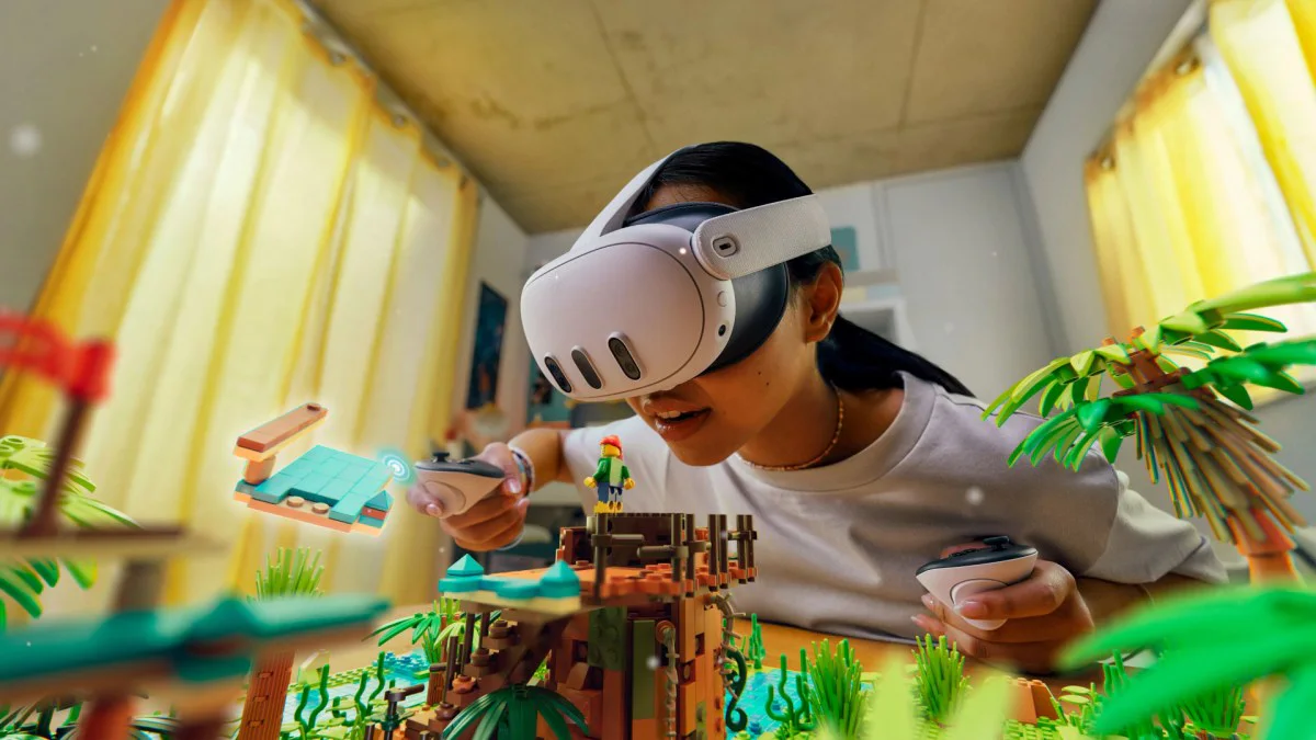 Official Meta image showing a person using a Quest 3 headset with a mixed-reality game