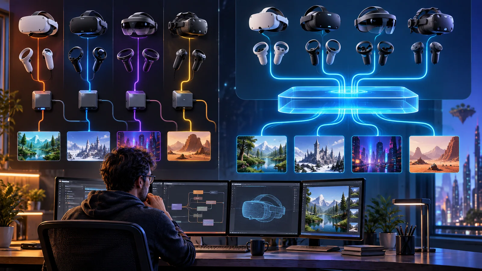 Shared interface connects multiple headsets, controllers, engines, and virtual worlds while proprietary paths fragment