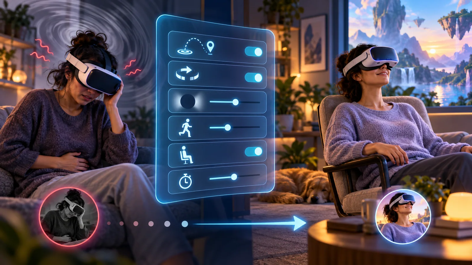 Player adjusts locomotion, turning, vignette, speed, seated mode, and session length to improve VR comfort